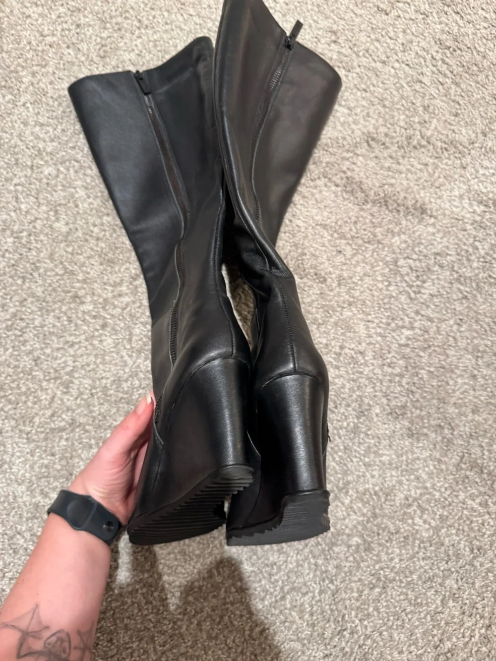 Black Leather Knee High Wedge Boots for Women